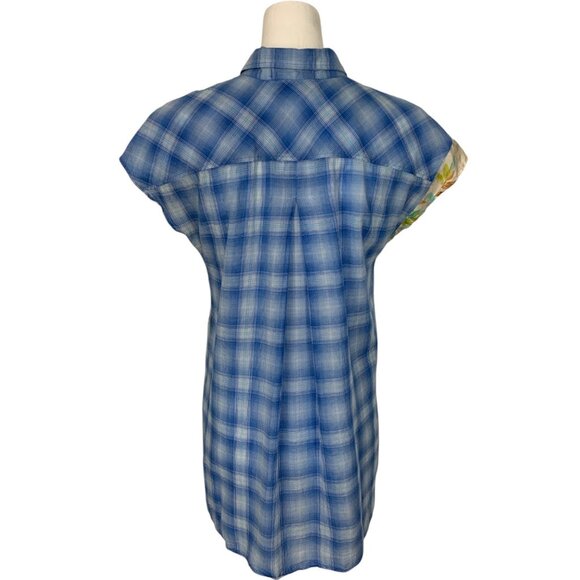 Johnny Was 3J Workshop Blouse S Blue Plaid Floral Silk Blend - Picture 2 of 13